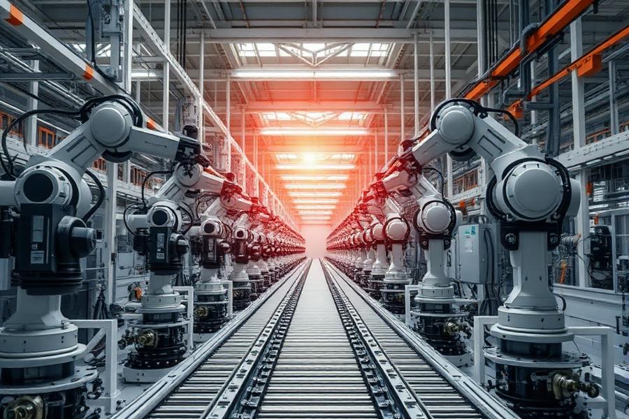 Automated production line with industrial robots