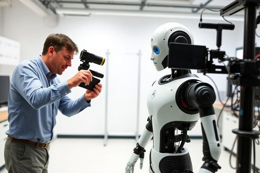 Researcher filming a humanoid robot